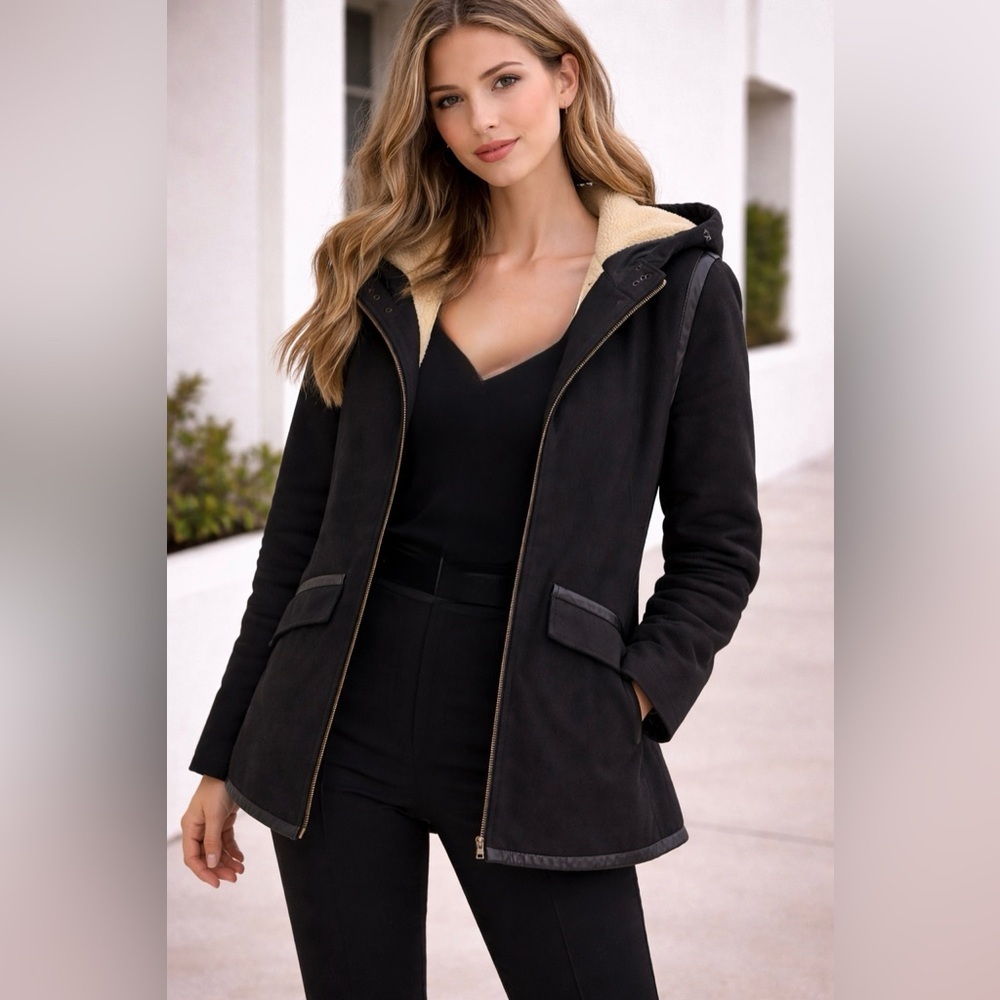 Maje Black Hooded Coat with Lambskin Leather trim, Size 36 (US 4)